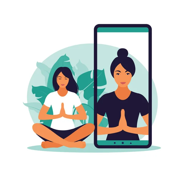 Концепция Yoga online с здоровой женщиной, занимающейся йогой дома с помощью онлайн-инструментов. Здоровье и здоровый образ жизни дома. Женщина занимается йогой. Векторная иллюстрация. — стоковый вектор