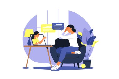 Online terapi ve stres ve depresyon altında danışmanlık. Genç kadın psikoterapist psikolojik sorunları olan kadınlara destek oluyor. Vektör