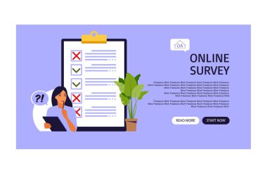 Müşteri memnuniyeti araştırması. İniş sayfası. Keneleri ve haçları olan bir kağıt parçası. Vektör çizimi. Düz biçim