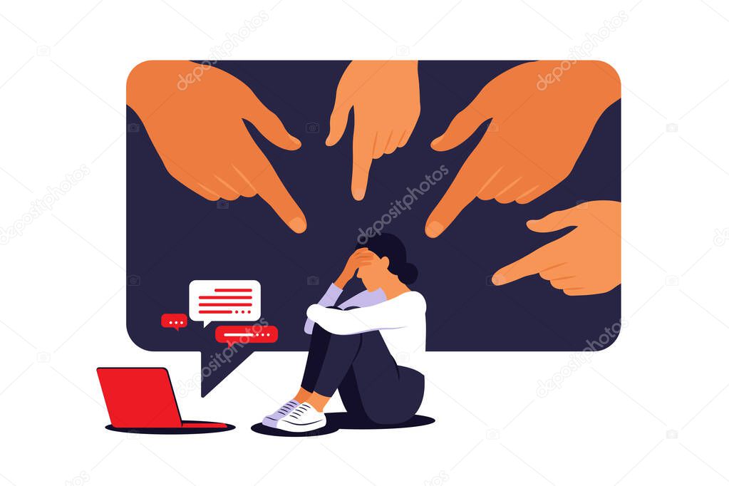 Cyber bullying concept. Depressed woman sitting on the floor. Opinion and the pressure of society. Shame. Vector flat