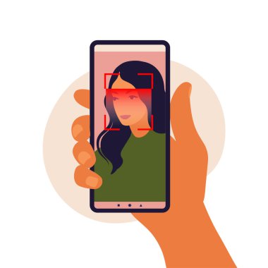 Yüz tanıma sistemi konsepti. Yüz tanımlama sistemi. Akıllı telefondan yüz biyometrik tanımlama sistemi taranıyor. Yüz tanıma için mobil uygulama. Vektör illüstrasyonu