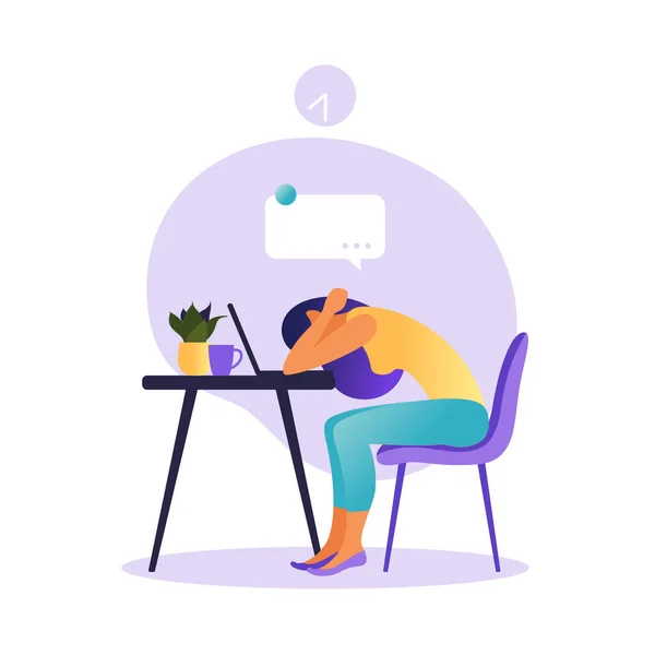 Professional burnout syndrome. Illustration with tired woman office worker or freelancer sitting at the table. Frustrated worker, mental health problems. Vector illustration in flat. — Stock Vector