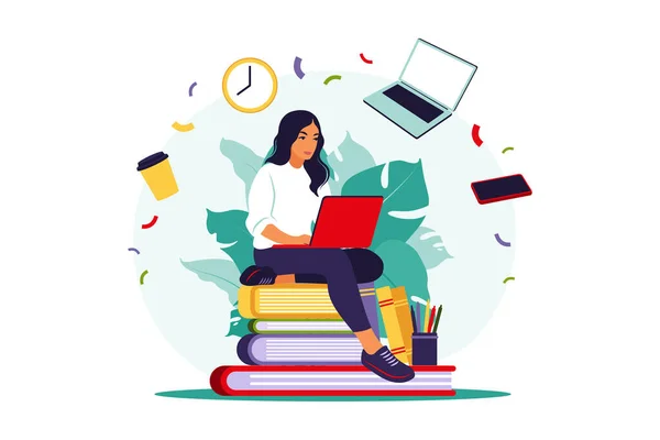 Studentenvrouw met laptop die online studeert. Online onderwijs concept. Vector illustratie. Vlak. — Stockvector