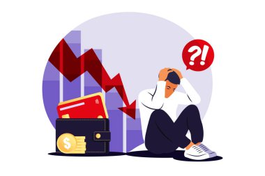 Bunalımlı üzgün adam problemleri düşünüyor. İflas, kayıp, kriz, sorun kavramı. Vektör çizimi. Düz.