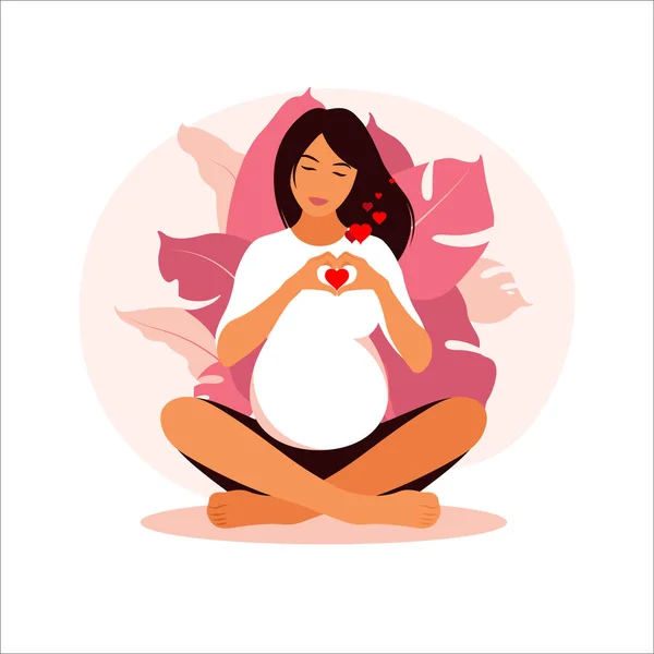 Conceito gravidez, maternidade, ioga, meditação e cuidados de saúde. Ilustração em estilo plano. — Vetor de Stock