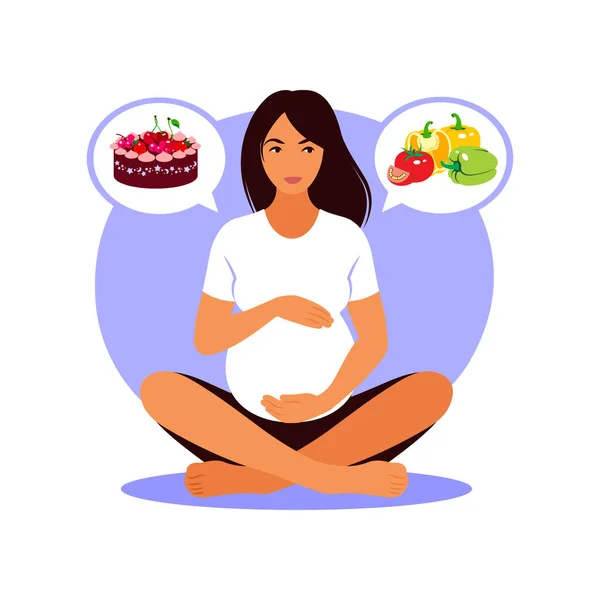 Pregnant woman chooses between healthy food or fast food. Vector flat illustration — Stock Vector