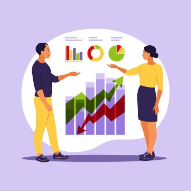 Yüksek potansiyeli olan yeniliklere yatırım yapan iş adamları. Başarılı yatırımcılar ya da girişimciler. Ticaret, finansal danışmanlık, yatırım ve tasarruf. Vektör çizimi. Düz.