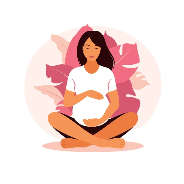 Concepto embarazo, maternidad, yoga, meditación y atención sanitaria. Ilustración en estilo plano. — Vector de stock