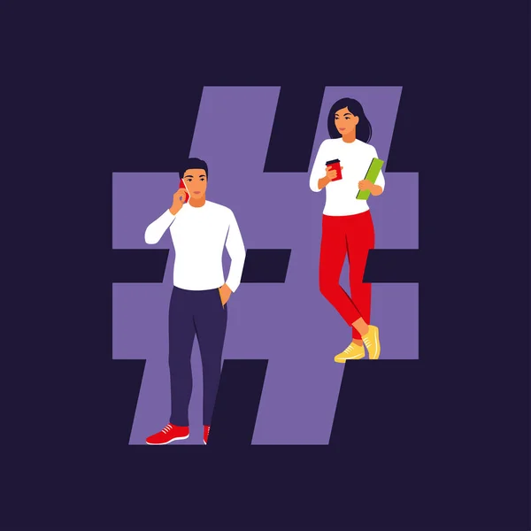 Hashtag y concepto de redes sociales. Jóvenes con símbolo de hashtag. Ilustración vectorial. Piso aislado. — Vector de stock