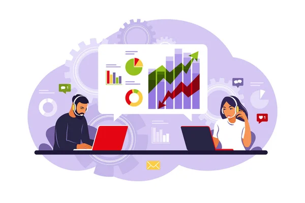 Data analysis and marketing concept. People analysts working with data on dashboard. Vector illustration. Flat. — Stock Vector