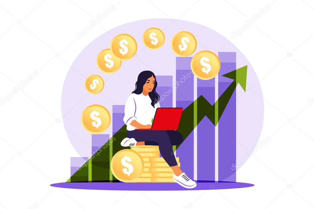 Investor woman with laptop monitoring growth of dividends. Trader investing capital, analyzing profit graphs. Vector flat illustration.