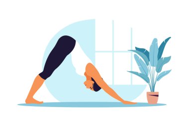 Genç kadın yoga yapıyor. Fiziksel ve ruhsal uygulama. Çizgi film tarzında vektör illüstrasyonu.