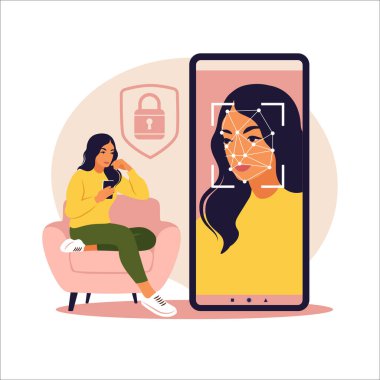 Yüz tanıma sistemi konsepti. Yüz tanımlama sistemi. Akıllı telefondan yüz biyometrik tanımlama sistemi taranıyor. Yüz tanıma için mobil uygulama. Vektör illüstrasyonu