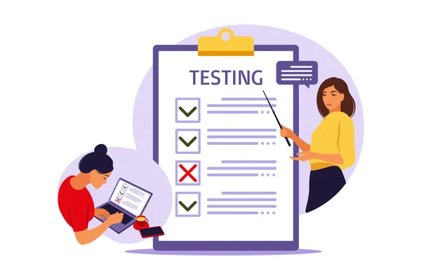 Concept d'examen en ligne sur Internet. Femme assise près d'enquête formulaire en ligne sur ordinateur portable. Questionnaire, apprentissage en ligne, vote électronique. Illustration vectorielle. — Image vectorielle