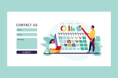 Zamanlama ve proje çizelgesi. Bizimle temas kurun. Zaman yönetimi kavramı, iş planlama yöntemi, günlük hedeflerin ve başarıların organizasyonu. Vektör çizimi. Düz.