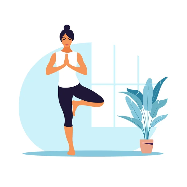 Junge Frau praktiziert Yoga. Physische und spirituelle Praxis. Vektorillustration im flachen Cartoon-Stil. — Stockvektor