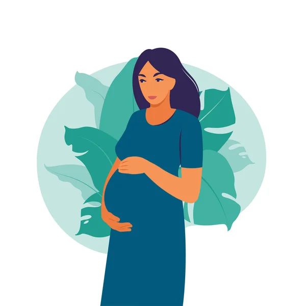 Retrato mulher grávida em vestido no fundo da planta. Saúde, cuidados, gravidez. Ilustração vetorial. Plano — Vetor de Stock