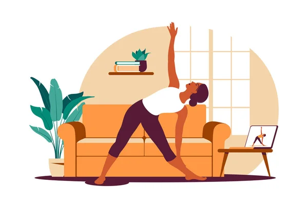 Online-Training. Frau macht Yoga zu Hause. Tutorials auf einem Laptop ansehen. Sport treiben in einem gemütlichen Interieur. Vektorillustration. Flach. — Stockvektor