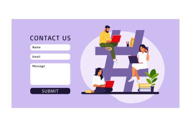 Sosyal medya konsepti. Müşteri gönderen ve paylaşan gençler. İniş sayfası şablonu. Vektör çizimi. Düz.