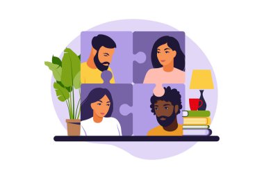 İş ekibi bulmaca çözüyor. Çizgi film ortakları bağlantılı çalışıyor. Takım çalışması, işbirliği, ortaklık sembolü. Düz vektör illüstrasyonu.