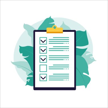 Kontrol listesi, yapılacaklar listesi. Liste ya da not defteri konsepti. İş fikri, planlama ya da kahve molası. Vektör çizimi. Düz biçim.