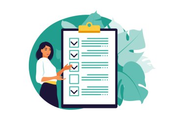 Kontrol listesi, yapılacaklar listesi. Liste ya da not defteri konsepti. İş fikri, planlama ya da kahve molası. Vektör çizimi. Düz biçim.
