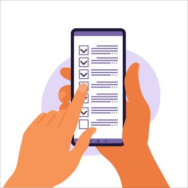 Akıllı telefon ekranında kontrol listesi. Çevrimiçi araştırma konsepti. Elinde cep telefonu ve kontrol listesi var. Vektör çizimi. Düz