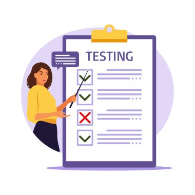 İnternette online sınav kavramı. Bilgisayardaki anket formunun yanında oturan kadın. Anket, ağ öğrenme, elektronik oylama. Vektör illüstrasyonu.