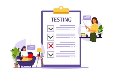 İnternette online sınav kavramı. Bilgisayardaki anket formunun yanında oturan kadın. Anket, ağ öğrenme, elektronik oylama. Vektör illüstrasyonu.