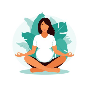 Hamile kadın yoga ve meditasyon yapar. Hamilelik, annelik, sağlık hizmetleri. Çizim düz biçimli.