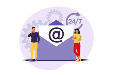 E-posta pazarlama, internet sohbeti, 24 saat destek konsepti. Vektör çizimi. Düz.