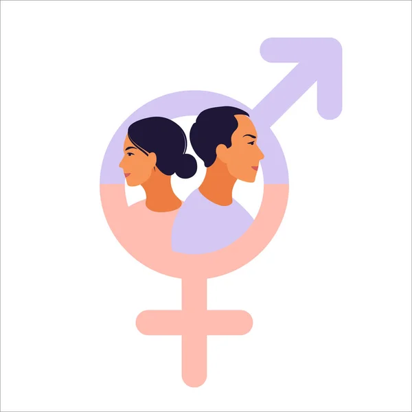 Gendergelijkheid. Mannen en vrouwen staan op de weegschaal voor gendergelijkheid. Vector illustratie. Vlak. — Stockvector