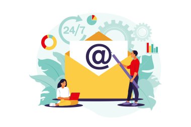 E-posta pazarlama, internet sohbeti, 24 saat destek konsepti. Vektör çizimi. Düz.