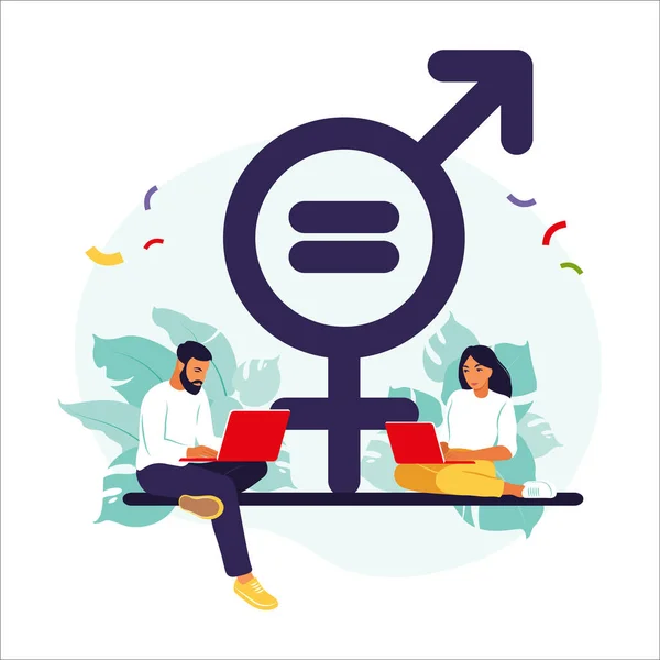 Gendergelijkheid. Mannen en vrouwen staan op de weegschaal voor gendergelijkheid. Vector illustratie. Vlak. — Stockvector