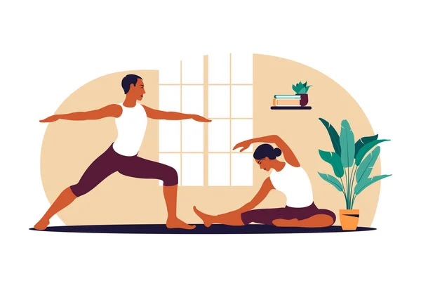 Pareja activa haciendo ejercicio. Hombre y mujer entrenando juntos en casa. Deporte en un interior acogedor. Ilustración vectorial. Plano. — Archivo Imágenes Vectoriales