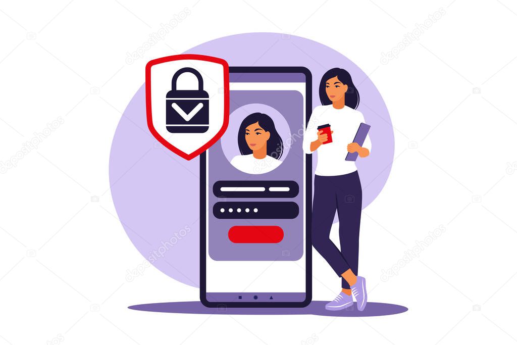 Sign up concept. Young woman signing up or login to online account on smartphone app. Secure login and password. Vector illustration. Flat.