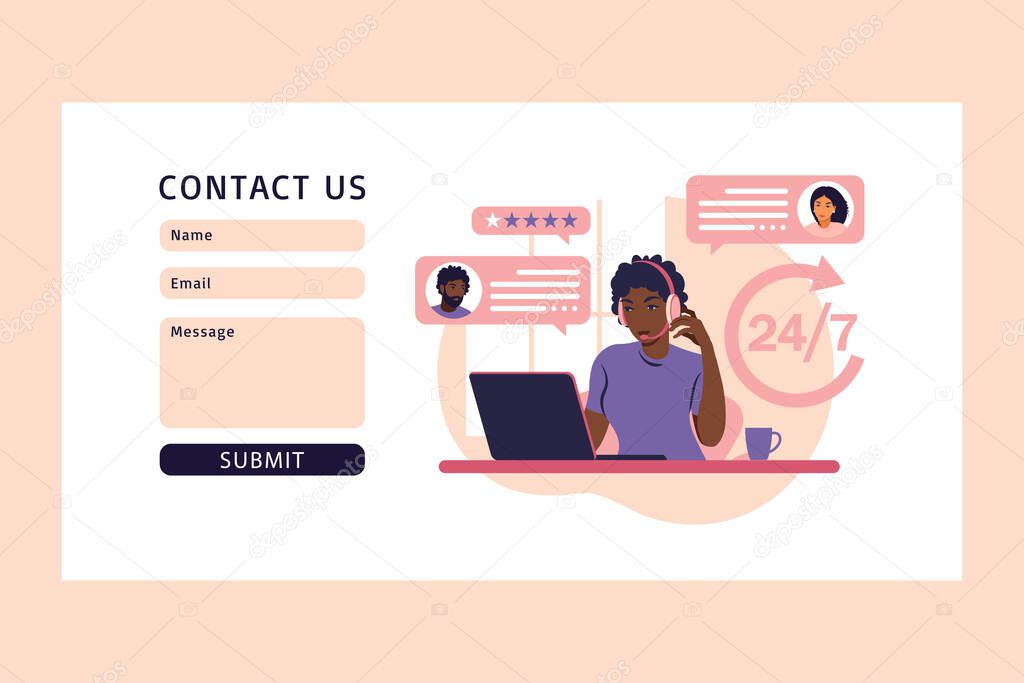 Customer service concept. Contact us form web. African woman with headphones and microphone with laptop. Support, assistance, call center. Vector illustration. Flat style