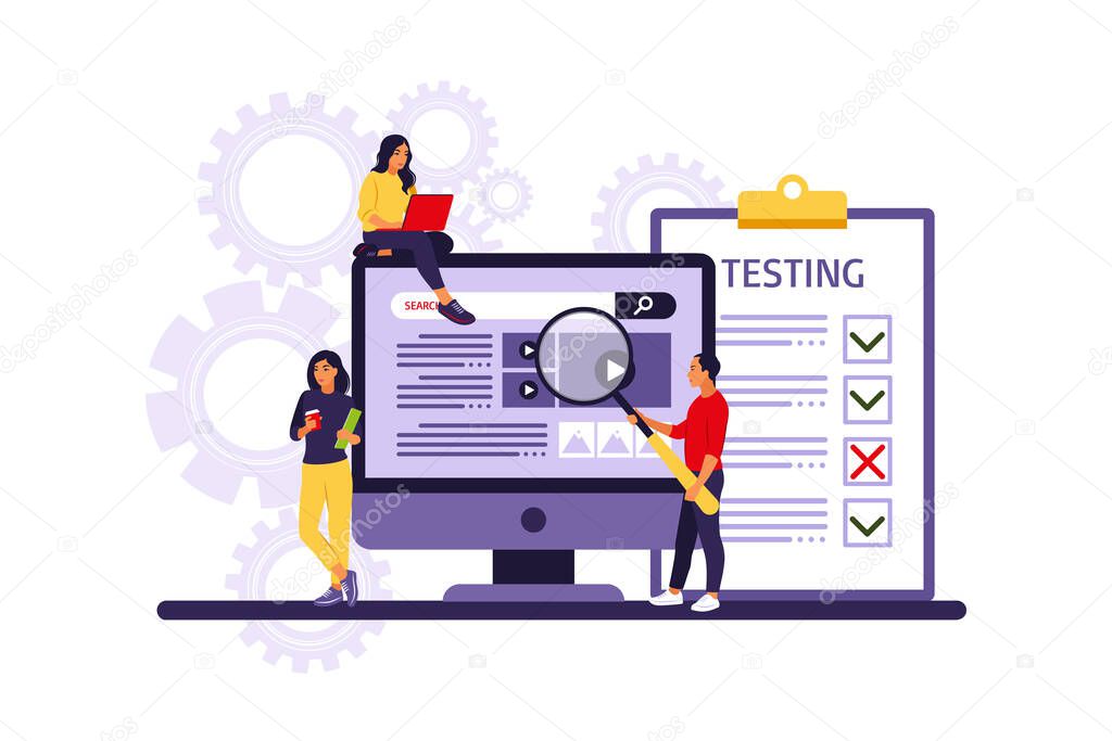 People testing software fixing bugs in hardware device. Application test and IT service concept. Vector illustration. Flat