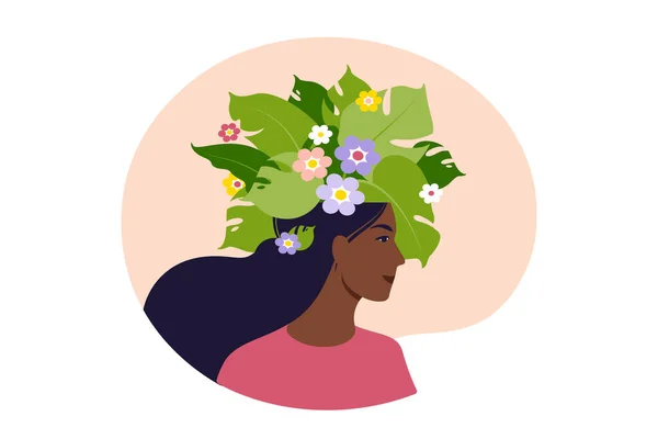 Santé mentale, bonheur, concept d'harmonie. Heureuse tête de femme africaine avec des fleurs à l'intérieur. Pleine conscience, pensée positive, idée d'autosoin. Illustration vectorielle. Plat. — Image vectorielle