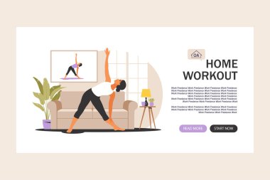 Çevrimiçi egzersiz konsepti. Web için sayfa şablonu indiriliyor. Evde yoga yapan bir kadın. Dizüstü bilgisayardan ders izliyorum. Samimi bir iç mekanda spor egzersizi. Vektör çizimi. Düz.