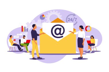 E-posta pazarlama, internet sohbeti, 24 saat destek konsepti. Vektör çizimi. Düz.