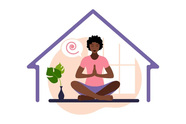 Meditación, concepto de yoga, relax, recreación, estilo de vida saludable. Mujer africana en pose de loto. Ilustración vectorial. — Vector de stock