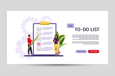 Yapılacaklar listesi, iniş sayfası. İş fikri, planlama ya da kahve molası. Vektör çizimi. Düz biçim.