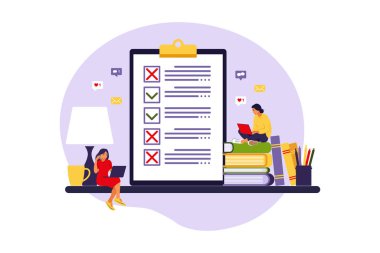 Müşteri memnuniyeti araştırması. Keneleri ve haçları olan bir kağıt parçası. Küçük insanlar form doldurur. Vektör çizimi. Düz biçim.