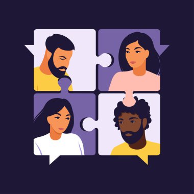 Takım çalışması, işbirliği, ortaklık sembolü. Yapboz elementlerini birleştiren insanlar. Vektör çizimi. İzole edilmiş daire.