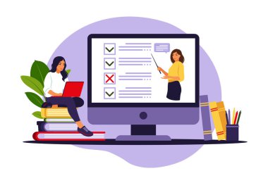 İnternette online sınav kavramı. Bilgisayardaki anket formunun yanında oturan kadın. Anket, ağ öğrenme, elektronik oylama. Vektör illüstrasyonu.
