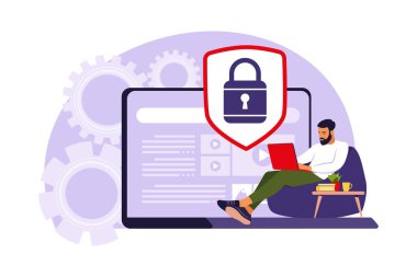 Bilgisayar verilerini koruma kavramı. Genel veri güvenliği. Kişisel bilgi koruması. Vektör çizimi. Düz.