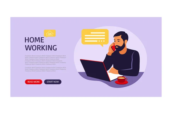 Conceito de Home Office, homem africano a trabalhar em casa. Página de destino para web. Freelance ou conceito de estudo. Ilustração vetorial. Estilo plano. — Vetor de Stock