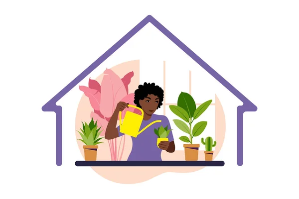 Blijf thuis concept. Een vrouw die thuis kamerplanten water geeft. Huis tuin en kamerplanten concept. Platte vectorillustratie. — Stockvector