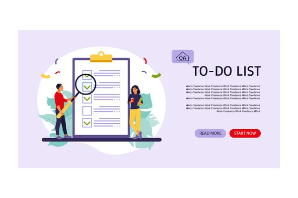 Checkliste, To-do-Liste Zielseite. Geschäftsidee, Planung oder Kaffeepause. Vektorillustration. Flacher Stil. — Stockvektor